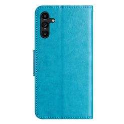 Lacné Kryty | Peňaženkové puzdro Embossing Pattern Motýľ a kvet modré – Samsung Galaxy A35 5G | Lacné Kryty