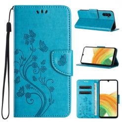 Lacné Kryty | Peňaženkové puzdro Embossing Pattern Motýľ a kvet modré – Samsung Galaxy A35 5G | Lacné Kryty
