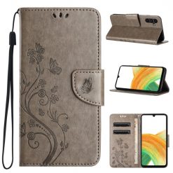 Peňaženkové puzdro Embossing Pattern Motýľ a kvet sivé – Samsung Galaxy A35 5G | Lacné Kryty Lacné Kryty | Peňaženkové puzdro Embossing Pattern Motýľ a kvet sivé – Samsung Galaxy A35 5G | Lacné Kryty