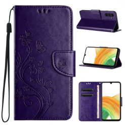 Peňaženkové puzdro Embossing Pattern Motýľ a kvet tmavofialové – Samsung Galaxy A35 5G | Lacné Kryty Lacné Kryty | Peňaženkové puzdro Embossing Pattern Motýľ a kvet tmavofialové – Samsung Galaxy A35 5G | Lacné Kryty