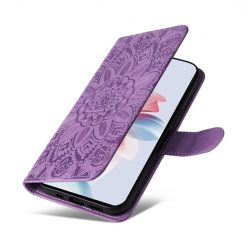 Lacné Kryty | Peňaženkové puzdro Embossing Pattern Slnečnica fialové – Oppo Reno 11 F 5G | Lacné Kryty