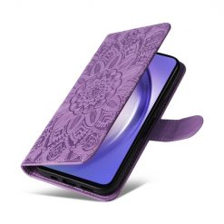 Peňaženkové puzdro Embossing Pattern Slnečnica fialové – Samsung Galaxy A55 5G | Lacné Kryty Lacné Kryty | Peňaženkové puzdro Embossing Pattern Slnečnica fialové – Samsung Galaxy A55 5G | Lacné Kryty