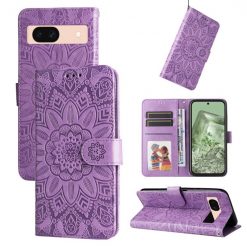 Lacné Kryty | Peňaženkové puzdro Embossing Pattern Slnečnica fialové – Google Pixel 8a | Lacné Kryty