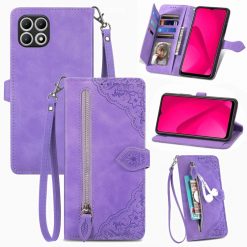 Lacné Kryty | Peňaženkové puzdro Embossing Pattern Leaf case fialové – T Phone 2 | Lacné Kryty
