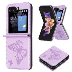 Lacné Kryty | Puzdro Embossing Pattern Motýľ fialové – Samsung Galaxy Z Flip 6 / Z Flip 7 FE | Lacné Kryty