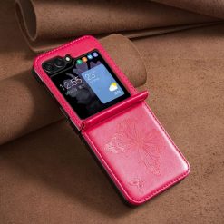 Lacné Kryty | Puzdro Embossing Pattern Motýľ tmavoružové – Samsung Galaxy Z Flip 6 / Z Flip 7 FE | Lacné Kryty