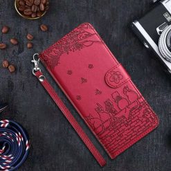 Lacné Kryty | Peňaženkové puzdro Embossing Pattern Mačky červené – Samsung Galaxy S24 FE | Lacné Kryty