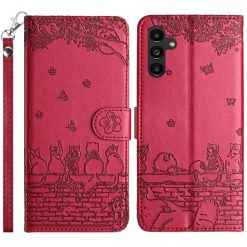 Lacné Kryty | Peňaženkové puzdro Embossing Pattern Mačky červené – Samsung Galaxy S24 FE | Lacné Kryty