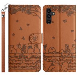Lacné Kryty | Peňaženkové puzdro Embossing Pattern Mačky hnedé – Samsung Galaxy S24 FE | Lacné Kryty
