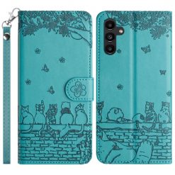 Lacné Kryty | Peňaženkové puzdro Embossing Pattern Mačky modré – Samsung Galaxy S24 FE | Lacné Kryty