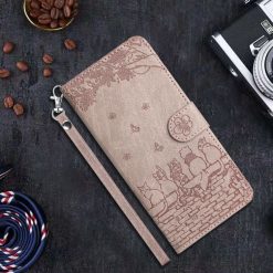 Lacné Kryty | Peňaženkové puzdro Embossing Pattern Mačky sivé – Samsung Galaxy S24 FE | Lacné Kryty