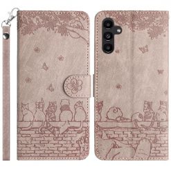 Lacné Kryty | Peňaženkové puzdro Embossing Pattern Mačky sivé – Samsung Galaxy S24 FE | Lacné Kryty