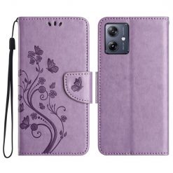 Lacné Kryty | Peňaženkové puzdro Embossing Pattern Motýľ a kvet bledofialové – Motorola Moto G35 5G | Lacné Kryty