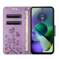 Lacné Kryty | Peňaženkové puzdro Embossing Pattern Motýľ a kvet bledofialové – Motorola Moto G35 5G | Lacné Kryty