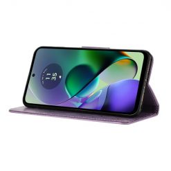 Lacné Kryty | Peňaženkové puzdro Embossing Pattern Motýľ a kvet bledofialové – Motorola Moto G35 5G | Lacné Kryty