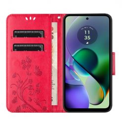 Lacné Kryty | Peňaženkové puzdro Embossing Pattern Motýľ a kvet červené – Motorola Moto G35 5G | Lacné Kryty