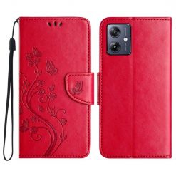 Lacné Kryty | Peňaženkové puzdro Embossing Pattern Motýľ a kvet červené – Motorola Moto G55 5G | Lacné Kryty
