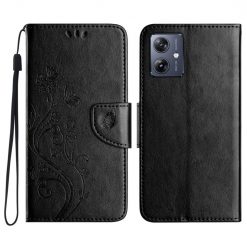 Lacné Kryty | Peňaženkové puzdro Embossing Pattern Motýľ a kvet čierne – Motorola Moto G55 5G | Lacné Kryty