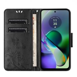 Lacné Kryty | Peňaženkové puzdro Embossing Pattern Motýľ a kvet čierne – Motorola Moto G55 5G | Lacné Kryty