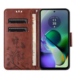 Lacné Kryty | Peňaženkové puzdro Embossing Pattern Motýľ a kvet hnedé – Motorola Moto G55 5G | Lacné Kryty