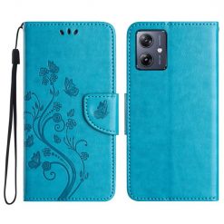 Lacné Kryty | Peňaženkové puzdro Embossing Pattern Motýľ a kvet modré – Motorola Moto G55 5G | Lacné Kryty
