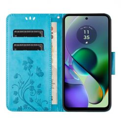 Lacné Kryty | Peňaženkové puzdro Embossing Pattern Motýľ a kvet modré – Motorola Moto G55 5G | Lacné Kryty