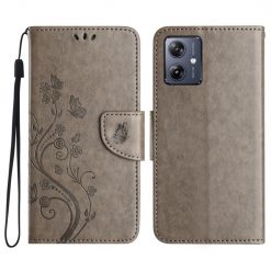 Lacné Kryty | Peňaženkové puzdro Embossing Pattern Motýľ a kvet sivé – Motorola Moto G55 5G | Lacné Kryty
