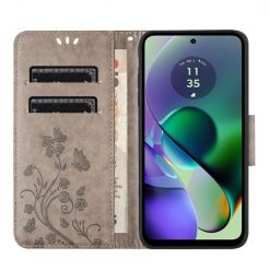 Lacné Kryty | Peňaženkové puzdro Embossing Pattern Motýľ a kvet sivé – Motorola Moto G55 5G | Lacné Kryty