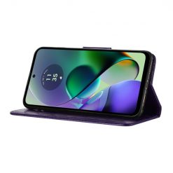 Lacné Kryty | Peňaženkové puzdro Embossing Pattern Motýľ a kvet tmavofialové – Motorola Moto G35 5G | Lacné Kryty