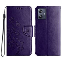 Lacné Kryty | Peňaženkové puzdro Embossing Pattern Motýľ a kvet tmavofialové – Motorola Moto G55 5G | Lacné Kryty