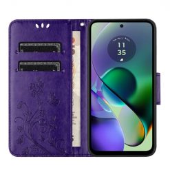 Lacné Kryty | Peňaženkové puzdro Embossing Pattern Motýľ a kvet tmavofialové – Motorola Moto G55 5G | Lacné Kryty