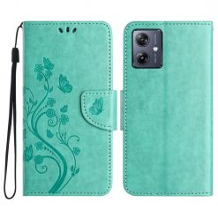 Lacné Kryty | Peňaženkové puzdro Embossing Pattern Motýľ a kvet zelené – Motorola Moto G35 5G | Lacné Kryty