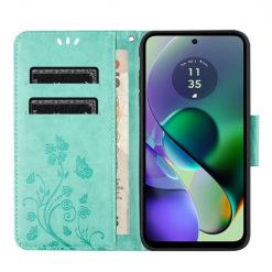 Lacné Kryty | Peňaženkové puzdro Embossing Pattern Motýľ a kvet zelené – Motorola Moto G35 5G | Lacné Kryty