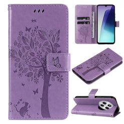 Lacné Kryty | Peňaženkové puzdro Embossing Pattern Strom a mačka bledofialové – Xiaomi Redmi 14C / Poco C75 | Lacné Kryty