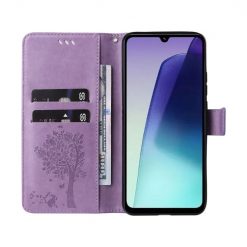 Lacné Kryty | Peňaženkové puzdro Embossing Pattern Strom a mačka bledofialové – Xiaomi Redmi 14C / Poco C75 | Lacné Kryty