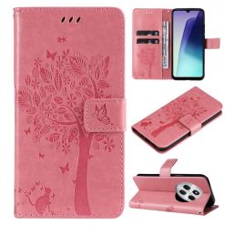 Lacné Kryty | Peňaženkové puzdro Embossing Pattern Strom a mačka bledoružové – Xiaomi Redmi 14C / Poco C75 | Lacné Kryty