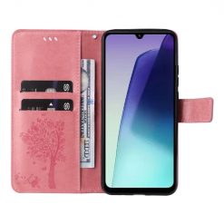 Lacné Kryty | Peňaženkové puzdro Embossing Pattern Strom a mačka bledoružové – Xiaomi Redmi 14C / Poco C75 | Lacné Kryty