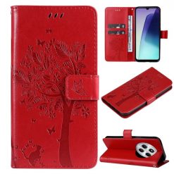 Lacné Kryty | Peňaženkové puzdro Embossing Pattern Strom a mačka červené – Xiaomi Redmi 14C / Poco C75 | Lacné Kryty