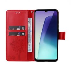 Lacné Kryty | Peňaženkové puzdro Embossing Pattern Strom a mačka červené – Xiaomi Redmi 14C / Poco C75 | Lacné Kryty