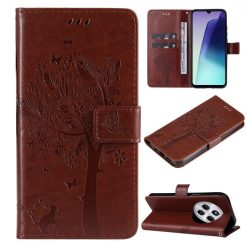 Lacné Kryty | Peňaženkové puzdro Embossing Pattern Strom a mačka hnedé – Xiaomi Redmi 14C / Poco C75 | Lacné Kryty