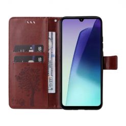 Lacné Kryty | Peňaženkové puzdro Embossing Pattern Strom a mačka hnedé – Xiaomi Redmi 14C / Poco C75 | Lacné Kryty