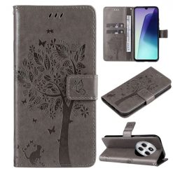 Lacné Kryty | Peňaženkové puzdro Embossing Pattern Strom a mačka sivé – Xiaomi Redmi 14C / Poco C75 | Lacné Kryty