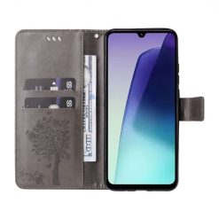 Lacné Kryty | Peňaženkové puzdro Embossing Pattern Strom a mačka sivé – Xiaomi Redmi 14C / Poco C75 | Lacné Kryty