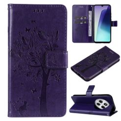 Lacné Kryty | Peňaženkové puzdro Embossing Pattern Strom a mačka tmavofialové – Xiaomi Redmi 14C / Poco C75 | Lacné Kryty
