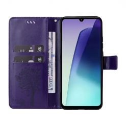 Lacné Kryty | Peňaženkové puzdro Embossing Pattern Strom a mačka tmavofialové – Xiaomi Redmi 14C / Poco C75 | Lacné Kryty