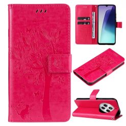 Lacné Kryty | Peňaženkové puzdro Embossing Pattern Strom a mačka tmavoružové – Xiaomi Redmi 14C / Poco C75 | Lacné Kryty