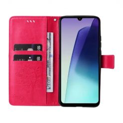 Lacné Kryty | Peňaženkové puzdro Embossing Pattern Strom a mačka tmavoružové – Xiaomi Redmi 14C / Poco C75 | Lacné Kryty