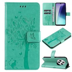 Lacné Kryty | Peňaženkové puzdro Embossing Pattern Strom a mačka zelené – Xiaomi Redmi 14C / Poco C75 | Lacné Kryty