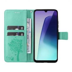 Lacné Kryty | Peňaženkové puzdro Embossing Pattern Strom a mačka zelené – Xiaomi Redmi 14C / Poco C75 | Lacné Kryty