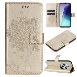 Lacné Kryty | Peňaženkové puzdro Embossing Pattern Strom a mačka zlaté – Xiaomi Redmi 14C / Poco C75 | Lacné Kryty